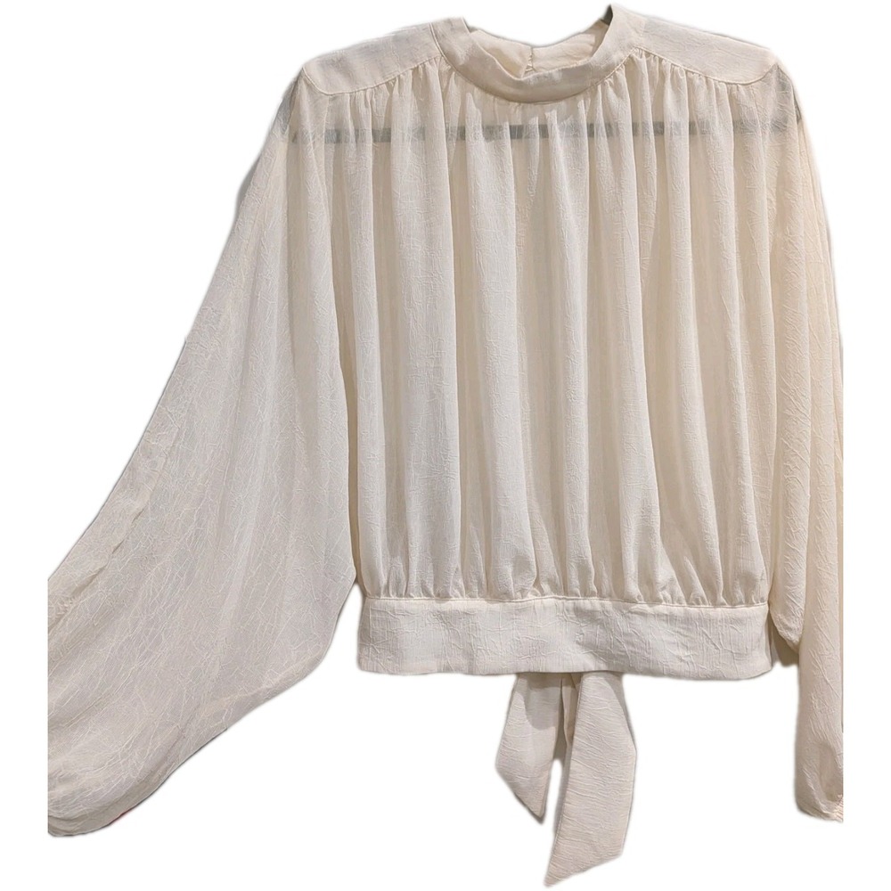 Womens High Neck Ruched Crinkle Blouse S Edwardian Sheer Open Back Bow Dolman
